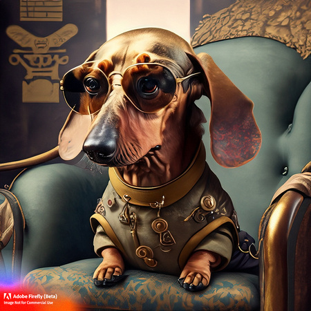 Firefly_bad+boy golden short haired dachshund with wrap around sunglasses hanging out in urban area very stylized dress, sitting back in old overstuffed chair, steampunk punkrock, tattoos, photorealis