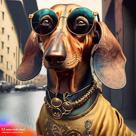 Firefly_bad+boy golden short haired dachshund with wrap around sunglasses hanging out in urban area very stylized dress, steampunk punkrock, tattoos, photorealistic, very detailed textures_art_35160