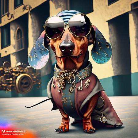 Firefly_bad+boy dachshund with wrap around sunglasses hanging out in urban area very stylized dress, steampunk punkrock_art_54099