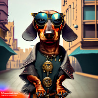 Firefly_bad+boy dachshund with wrap around sunglasses hanging out in urban area very stylized dress, steampunk punkrock_art_97786