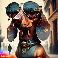 Firefly_bad+boy dachshund with wrap around sunglasses hanging out in urban area very stylized dress, steampunk punkrock, photorealistic, very detailed textures_art_35160