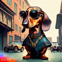 Firefly_bad+boy dachshund with wrap around sunglasses hanging out in urban area very stylized dress, steampunk punkrock_art_30857