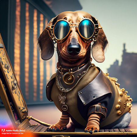Firefly_bad+boy golden short haired young puppy dachshund with wrap around futuristic sunglasses hanging out in urban area very stylized dress, sitting at steampunk computer, steampunk punkrock, tatto