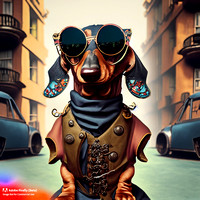 Firefly_bad+boy dachshund with wrap around sunglasses hanging out in urban area very stylized dress, steampunk punkrock_art_5502