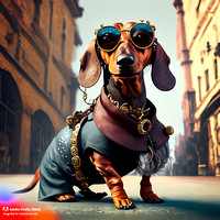 Firefly_bad+boy dachshund with wrap around sunglasses hanging out in urban area very stylized dress, steampunk punkrock, photorealistic, very detailed textures_art_5564