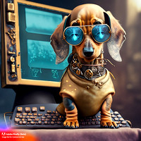 Firefly bad boy golden short haired young puppy dachshund with wrap around futuristic sunglasses han-4