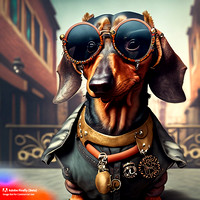 Firefly_bad+boy dachshund with wrap around sunglasses hanging out in urban area very stylized dress, steampunk punkrock, photorealistic, very detailed textures_art_66111