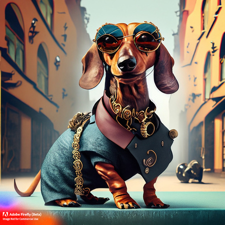 Firefly_bad+boy dachshund with wrap around sunglasses hanging out in urban area very stylized dress, steampunk punkrock_art_5564