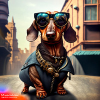 Firefly_bad+boy dachshund with wrap around sunglasses hanging out in urban area very stylized dress, steampunk punkrock, photorealistic, very detailed textures_art_97786