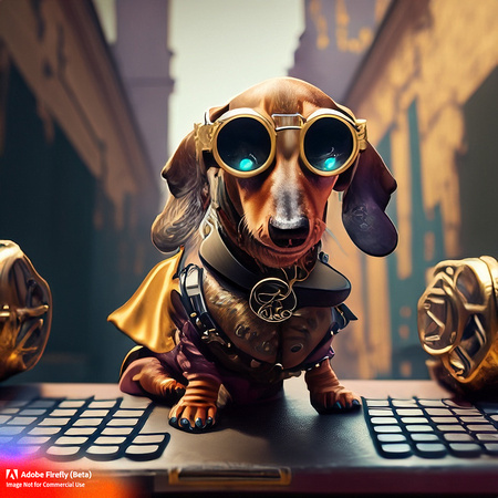 Firefly_bad+boy golden short haired young puppy dachshund with wrap around futuristic sunglasses hanging out in urban area very stylized dress, sitting at steampunk computer with keyboard, steampunk p
