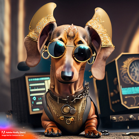 Firefly_bad+boy golden short haired young puppy dachshund with wrap around futuristic sunglasses hanging out in urban area very stylized dress, sitting at steampunk computer with steampunk keyboard an