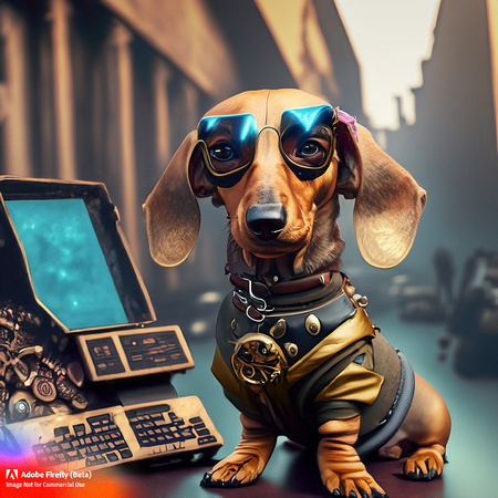 Firefly_bad+boy golden short haired young puppy dachshund with wrap around futuristic sunglasses hanging out in urban area very stylized dress, sitting at steampunk computer with keyboard, steampunk p