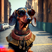 Firefly_bad+boy dachshund with wrap around sunglasses hanging out in urban area very stylized dress, steampunk punkrock, photorealistic, very detailed textures_art_26371