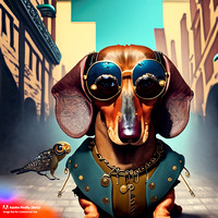 Firefly_bad+boy dachshund with wrap around sunglasses hanging out in urban area very stylized dress, steampunk punkrock_art_35496