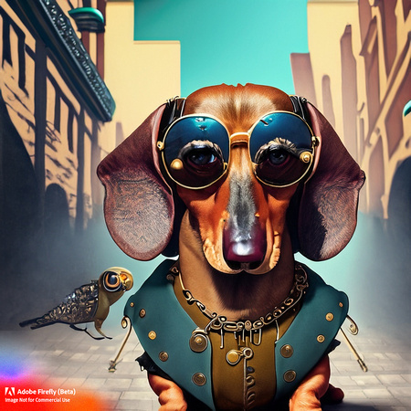 Firefly_bad+boy dachshund with wrap around sunglasses hanging out in urban area very stylized dress, steampunk punkrock_art_35496