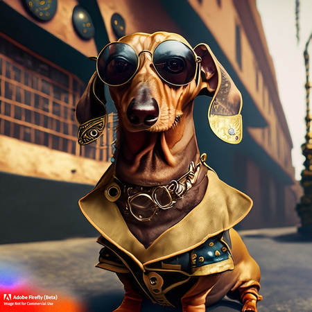Firefly_bad+boy golden short haired dachshund with wrap around sunglasses hanging out in urban area very stylized dress, steampunk punkrock, tattoos, photorealistic, very detailed textures_art_74234