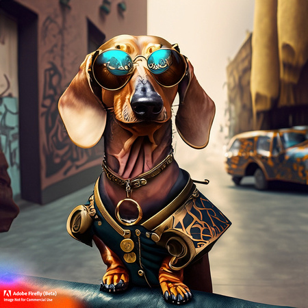 Firefly_bad+boy golden short haired dachshund with wrap around sunglasses hanging out in urban area very stylized dress, steampunk punkrock, tattoos, photorealistic, very detailed textures_art_78995