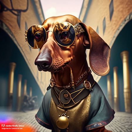 Firefly_bad+boy golden short haired dachshund with wrap around sunglasses hanging out in urban area very stylized dress, steampunk punkrock, tattoos, photorealistic, very detailed textures_art_67373