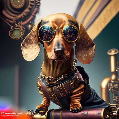 Firefly_bad+boy golden short haired young puppy dachshund with wrap around futuristic sunglasses hanging out in urban area very stylized dress, sitting at steampunk computer, steampunk punkrock, tatto