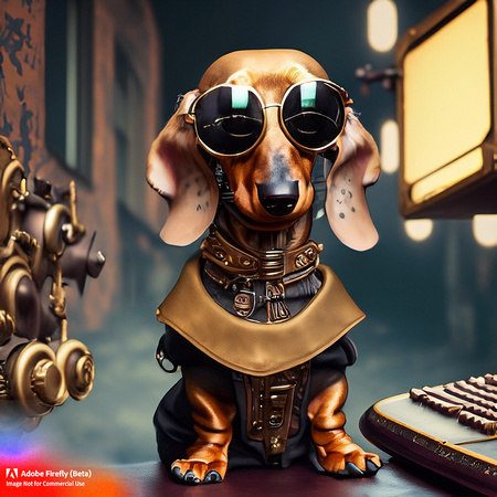 Firefly_bad+boy golden short haired young puppy dachshund with wrap around futuristic sunglasses hanging out in urban area very stylized dress, sitting at steampunk computer with steampunk keyboard an