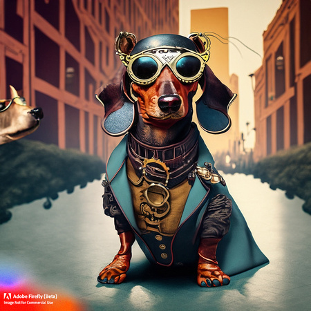 Firefly_bad+boy dachshund with wrap around sunglasses hanging out in urban area very stylized dress, steampunk punkrock_art_71852
