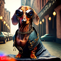 Firefly_bad+boy dachshund with wrap around sunglasses hanging out in urban area very stylized dress, steampunk punkrock, photorealistic, very detailed textures_art_847