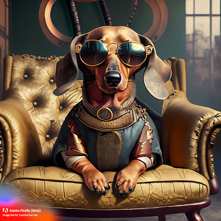 Firefly_bad+boy golden short haired dachshund with wrap around sunglasses hanging out in urban area very stylized dress, sitting back in old overstuffed chair, steampunk punkrock, tattoos, photorealis