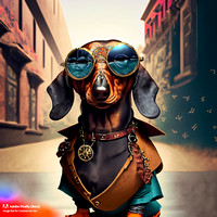 Firefly_bad+boy dachshund with wrap around sunglasses hanging out in urban area very stylized dress, steampunk punkrock_art_78264