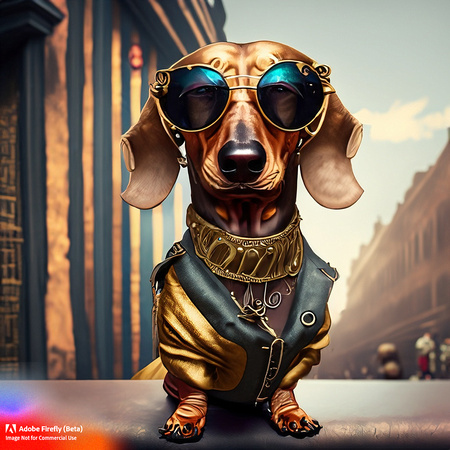 Firefly_bad+boy golden short haired dachshund with wrap around sunglasses hanging out in urban area very stylized dress, steampunk punkrock, tattoos, photorealistic, very detailed textures_art_36638