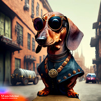 Firefly_bad+boy dachshund with wrap around sunglasses hanging out in urban area very stylized dress, steampunk punkrock, photorealistic, very detailed textures_art_30857