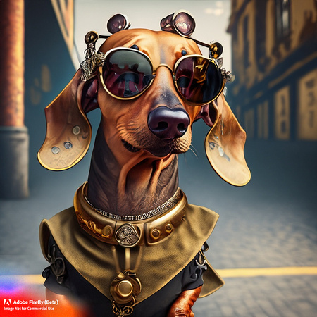 Firefly_bad+boy golden short haired dachshund with wrap around sunglasses hanging out in urban area very stylized dress, steampunk punkrock, tattoos, photorealistic, very detailed textures_art_26371