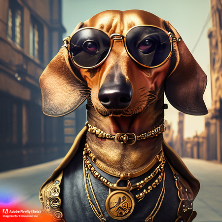 Firefly_bad+boy golden short haired dachshund with wrap around sunglasses hanging out in urban area very stylized dress, steampunk punkrock, tattoos, photorealistic, very detailed textures_art_66111