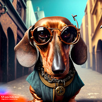 Firefly_bad+boy dachshund with wrap around sunglasses hanging out in urban area very stylized dress, steampunk punkrock, photorealistic, very detailed textures_art_35496
