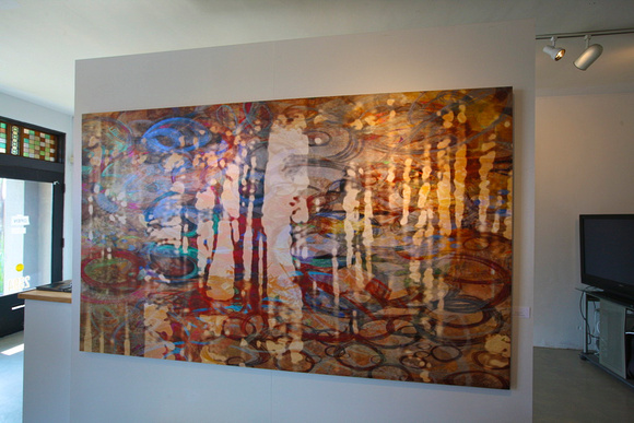 Reflections in Red, 90" x 53" interference paints on canvas